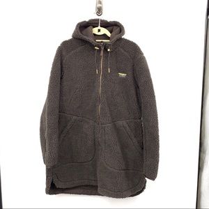 LL Bean Women XL Jacket Mountain Pile Fleece Coat Brown Sherpa Long Hood Zip